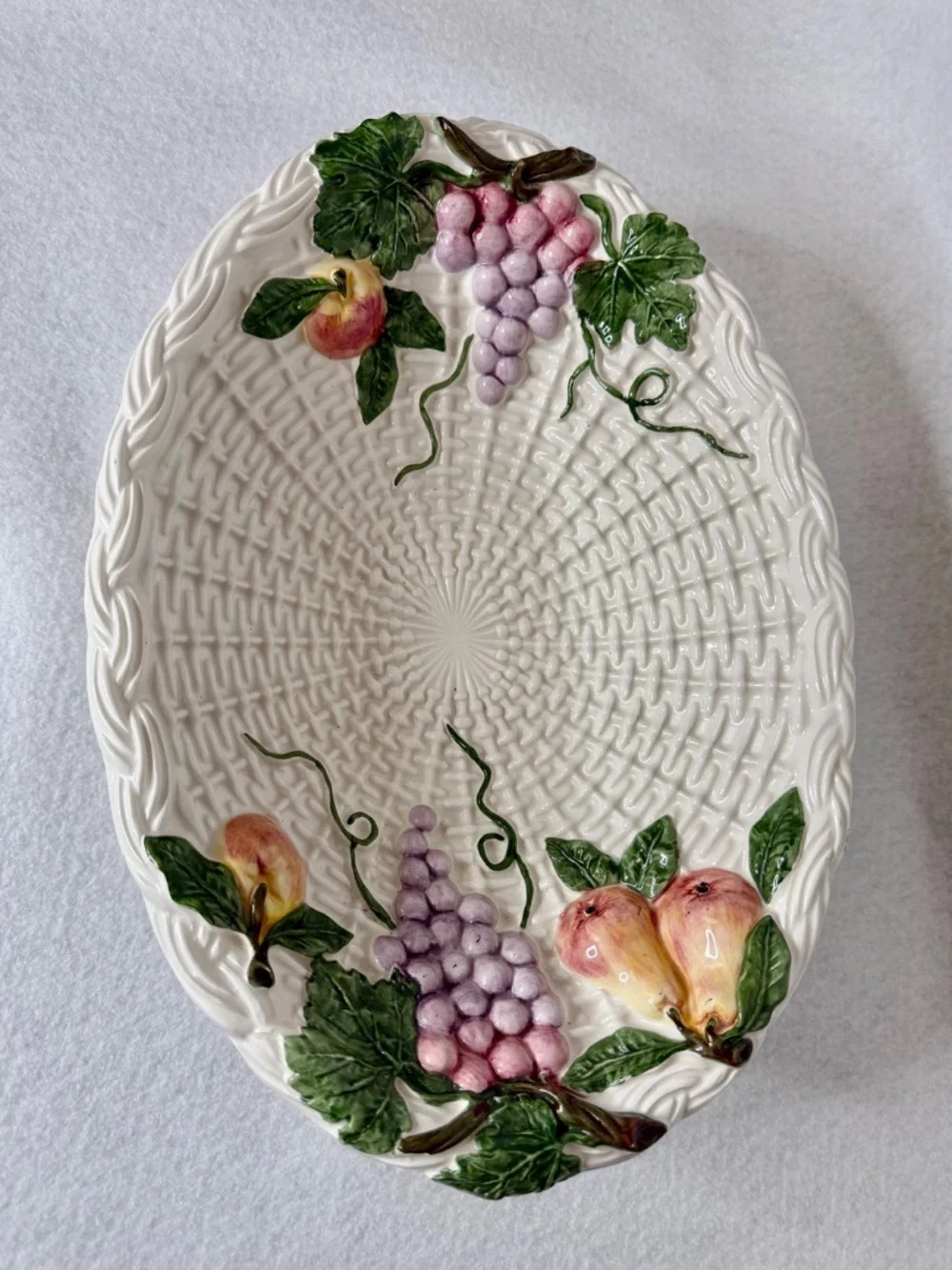 Vintage Ceramic Basketweave Oval Bowl w/ Grapes, Pears, Peaches